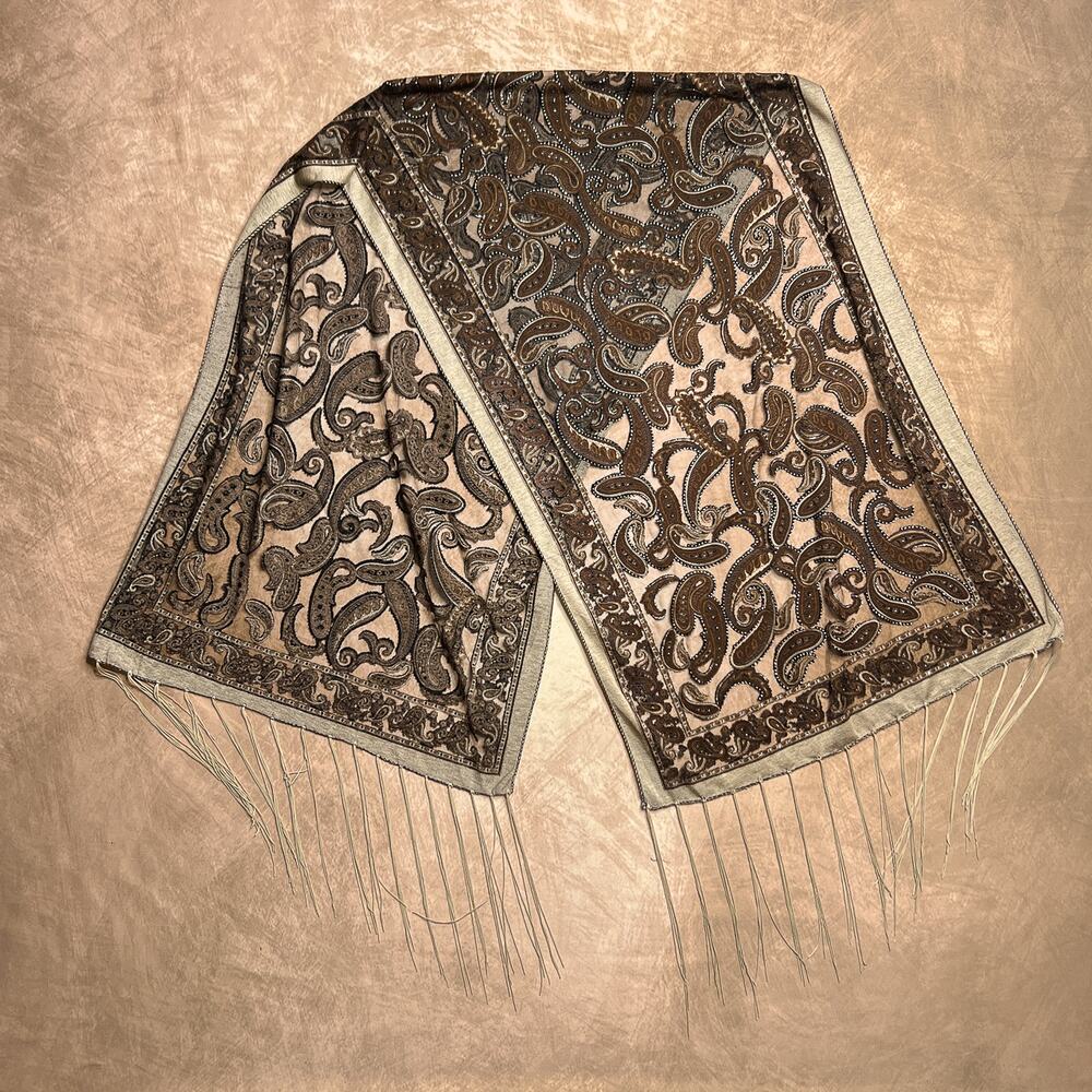 Vintage 90s Paisley Burnout Fringe Scarf Metallic Glitter Brown Burlesque Witchy